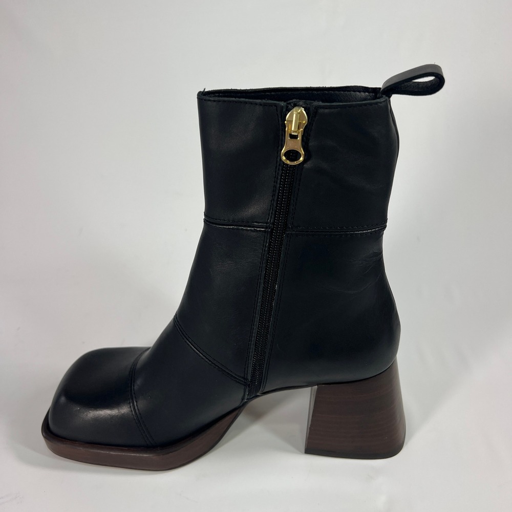 ASOS DESIGN Rhodes Premium Leather Platform Boots Black Square Toe Chunky Heel 6 - Picture 8 of 11